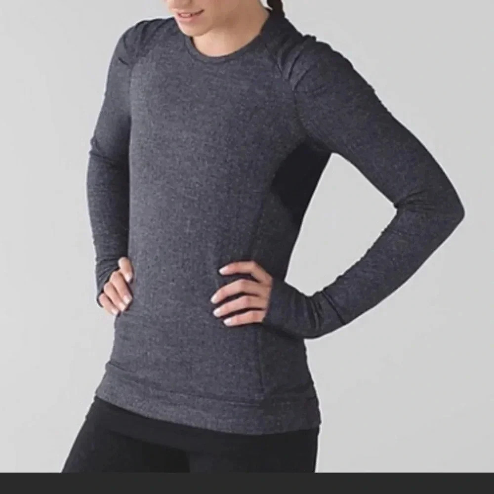 Lululemon Think Fast Long Sleeve Heathered Herringbone Heathered Black Size 4